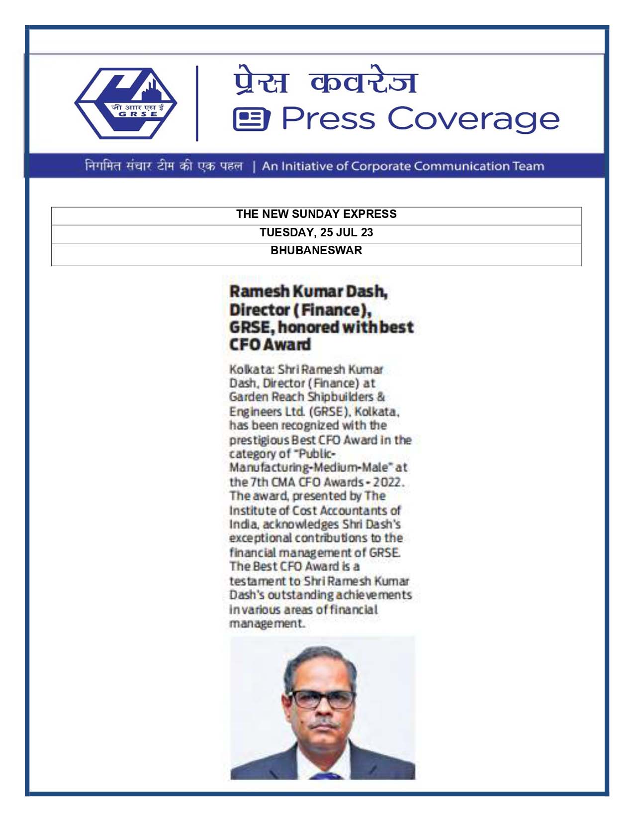Press Coverage : The New Sunday Express, 25 Jul 23 : Ramesh Kumar Dash, Director (Finance), GRSE, honored with Best CFO Award